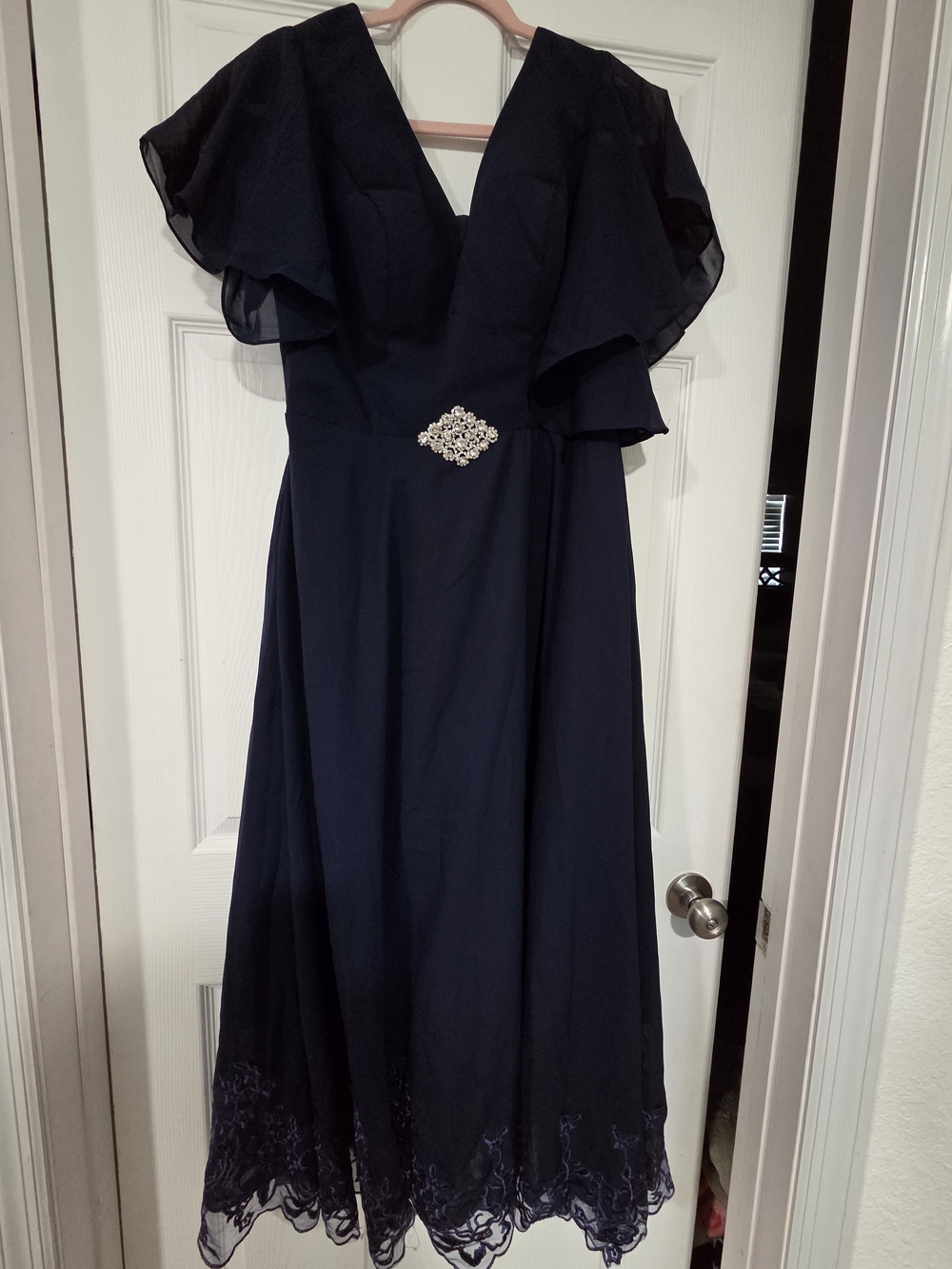 Elegant Navy Maxi Dress with V-Neck and Embellished Waist